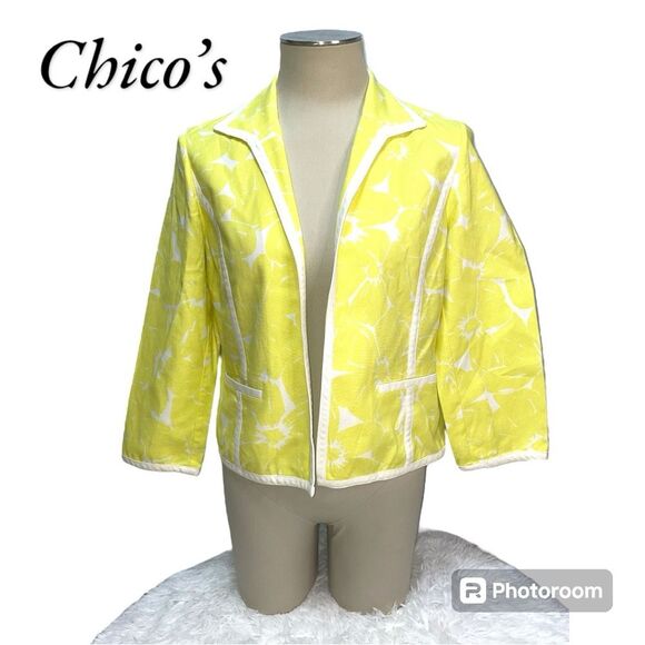 Chico's Optic Ceylon Yellow White Floral Open Front Jacket Blazer Size 1 - Picture 1 of 8